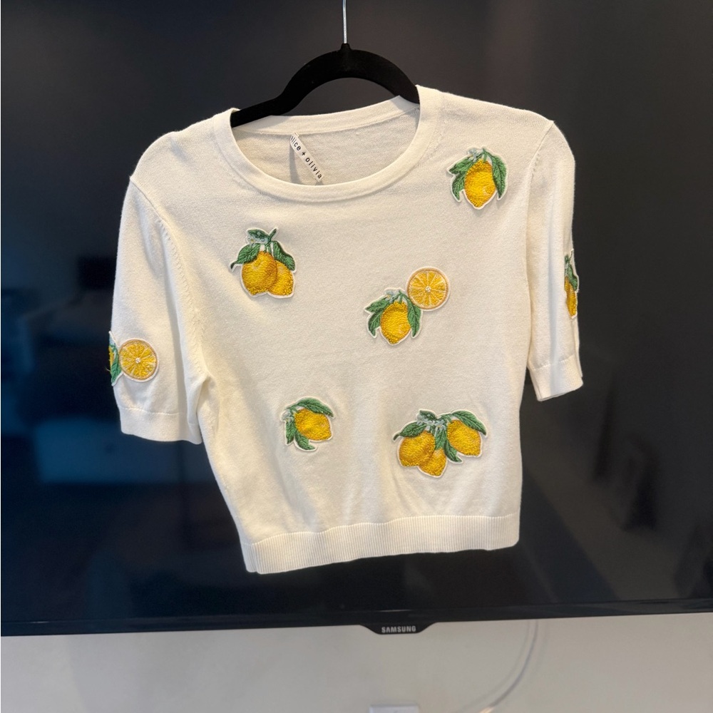 Alice + Olivia Lemon Embroidered Sweater - White